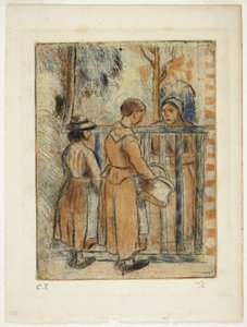 Kerjäläisnaiset, n.1894 (värikaiverrus, kuivapiste ja akvatintta norsunluun paperille). tekijältä Camille Pissarro