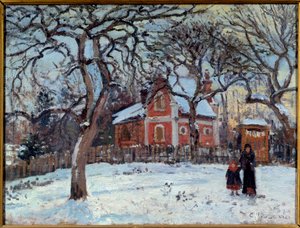 Kastanja ja Louveciennen maisema lumessa. Camille Pissarron (1830-1903) maalaus 1872 Su. 0,41x0,52 m Pariisi, musee d
