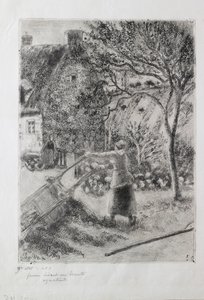 Nainen tyhjentämässä kottikärryjä, 1880 tekijältä Camille Pissarro