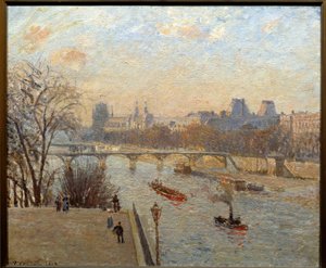 Louvre ja Pont des Arts Pariisissa Camille Pissarron (1830-1903) maalaus 1800-luvulta Reims, Musee des Beaux Arts tekijältä Camille Jacob Pissarro