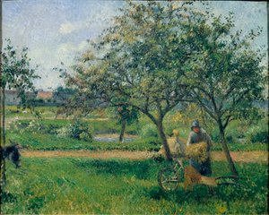 Kottikärryt, hedelmätarha, n. 1881 (öljy kankaalle) tekijältä Camille Jacob Pissarro