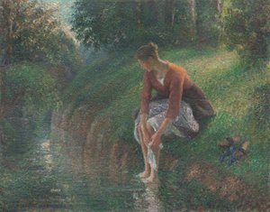 Nainen kylvettää jalkojaan purossa tekijältä Camille Pissarro