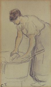Nainen pesemässä pyykkiä (akvarelli ja kynä paperille) tekijältä Camille Pissarro