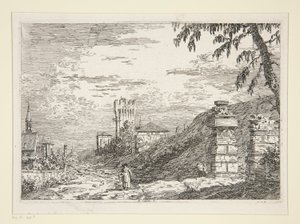 Maisema tornin ja kahden raunioitetun pilarin kanssa, sarjasta Vedute (Views) tekijältä Canaletto (Giovanni Antonio Canal)