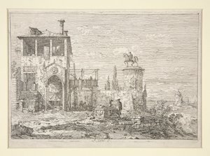 Ratsastusmonumentti sarjasta Vedute (Näkymät) tekijältä Canaletto (Giovanni Antonio Canal)