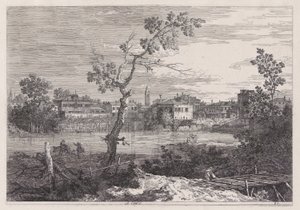 Näkymä kaupunkiin joen rannalla, sarjasta Vedute (Views) tekijältä Canaletto (Giovanni Antonio Canal)