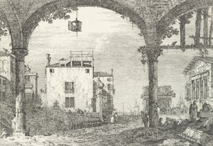 Kolmikaarinen eteinen, jossa keskellä riippuva lyhty, riemukaari ja raunio..., 1735-46. tekijältä Canaletto