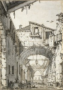 Capriccio: Kaarien halkoma katu (recto) Oviaukon, portaiden ja rakennuksen toisen kerroksen luonnokset (verso) tekijältä Canaletto