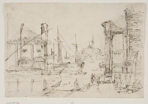 Capriccio klassisten raunioiden kanssa laiturilla, venevaja, kaksi keittiötä, takana kaksi purjelaivan mastoa, taustalla kupolikirkko tekijältä Canaletto