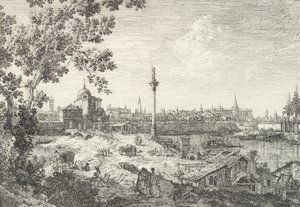 Kuvitteellinen näkymä Padovasta, vasemmalla kampikirkko ja kupolikirkko, pylväs ylitetty..., 1735-46. tekijältä Canaletto