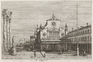 Kuvitteellinen näkymä S. Giacomo di Rialtoon [oikea yläkulma] tekijältä Canaletto