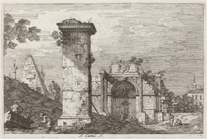 Maisema raunioineen monumentteineen [oikealla] tekijältä Canaletto