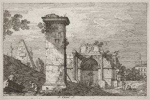 Maisema ja raunioituneita monumentteja [oikealla] tekijältä Canaletto