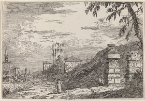 Maisema tornin ja kahden raunioitetun pilarin kanssa, n. 17351746. tekijältä Canaletto