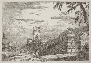 Maisema, jossa on torni ja kaksi raunioitunutta pylvästä [vasemmalla] tekijältä Canaletto