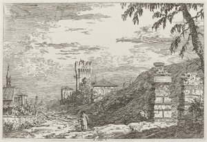 Maisema tornin ja kahden raunioitetun pilarin kanssa [vasemmalla], n. 17351746. tekijältä Canaletto