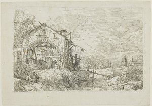 Maisema naisen kanssa kaivossa, Vedutelta tekijältä Canaletto