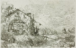 Maisema naisen kanssa kaivossa, Vedutelta tekijältä Canaletto