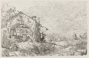 Maisema naisen kanssa kaivossa [alas vasemmalla] tekijältä Canaletto