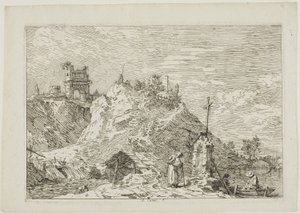 Maisema pyhiinvaeltajan kanssa rukouksessa, Vedutesta tekijältä Canaletto