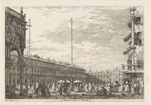 Piazza San Marco Le procuratie niove e S. Ziminian V. (otsikko esineessä) Kasvot olemassa olevissa ja keksityissä paikoissa (sarjan nimi) Vedute altre prese da i Luoghi altre ideate da Antonio Canal (sarjan nimi) tekijältä Canaletto