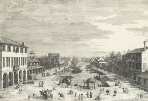Näkymä Mestreen, vasemmalla olevaan majataloon ja muihin kanavan varrella oleviin rakennuksiin, Näkymä..., 1735-46. tekijältä Canaletto