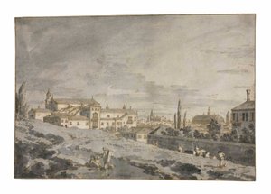 Näkymä Padovaan kaupungin muurien ulkopuolelta San Francescon kirkon kanssa tekijältä Giovanni Antonio Canal