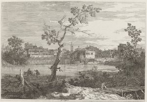 Näkymä kaupunkiin joen rannalla, n. 17351746. tekijältä Canaletto