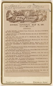 [Syntymäilmoitussivu lehdestä "The Times", Lontoo, lauantai 28. toukokuuta 1887] tekijältä Cantuar Photographic Company