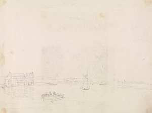 Luonnos veneistä ja suuresta rakennuksesta Medina-joen toiselta puolelta tekijältä Capt. Thomas Hastings