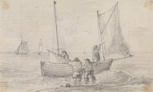 Piirros ryhmästä, joka valmistelee purjeita lähellä rantaa, Hastings tekijältä Capt. Thomas Hastings