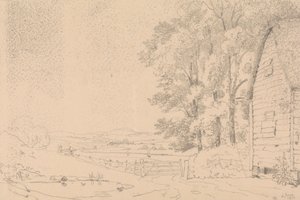 Luonnos olkikattoisesta rakennuksesta ja joesta sen takana tekijältä Capt. Thomas Hastings