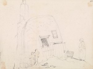 Luonnos naisesta mökin lähellä tekijältä Capt. Thomas Hastings