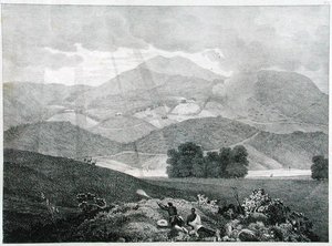 Näkymä osasta järvestä ja mökeistä Ottacamundissa, Neelgherry Mountainsissa, levy 3 Kapteeni McCurdyn julkaisusta View of the Neilgherries tai Blue Mountains of Coimbetoor, Etelä-Intia, julkaistiin 1830 (li tekijältä Captain E. A. after McCurdy