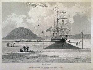 Veneiden lähtö Hecla Covesta, 21. kesäkuuta 1827, Journal of a Third Voyagesta luoteisväylän löytämiseksi Atlantilta Tyynellemerelle vuosina 1824-25 H.M.s. tekijältä Captain George Francis Lyon