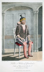 Kallie, grönlantilainen, Oppernivickistä kotoisin oleva nainen, kuvitus teoksesta "A Voyage of Discovery...", 1819 (käsinvärinen kaiverrus) tekijältä Captain Hoppner