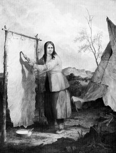 Intialainen nainen pukemassa hirven ihoa, 1868. tekijältä Captain Seth Eastman
