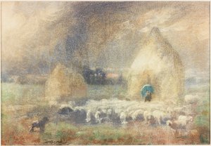 Myrsky, paimen suojaa heinäsuovasta (akvarelli paperille (liimattu kortille)) tekijältä Captain William Brock