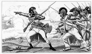 The Volunteers in Sabots at the Battle of Valmy, 20. syyskuuta 1792, kuvitus Louis Blancin teoksesta "Histoires de la Revolution Francoise", kaiverrus S. Krakova tekijältä Caran d Ache