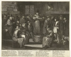 Sarjakuva Englannin kveekereista, noin 1656 Quaaker Meeting / Fronti Nulla Fides / The Quakers Meeting (otsikko esineessä)