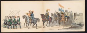 Leidenin opiskelijoiden naamiaiset, 1850 (taulu 13) Frederik Hendrikin intogt Hertogenboschissa vuonna 1629: H.H. Vuoden 1850 Leydsche Hoogeschool den XI Junij -koulun opiskelijat (sarjan nimi esineessä) tekijältä Carel Christiaan Antony Last