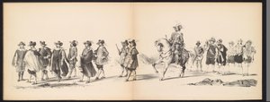 Leidenin opiskelijoiden naamiaiset, 1850 (levy 6) Frederik Hendrikin intogt Hertogenboschissa vuonna 1629: H.H. Vuoden 1850 Leydsche Hoogeschool den XI Junij -koulun opiskelijat (sarjan nimi esineessä) tekijältä Carel Christiaan Antony Last