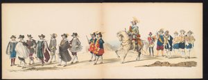 Leidenin opiskelijoiden naamiaiset, 1850 (levy 6) Frederik Hendrikin intogt Hertogenboschissa vuonna 1629: H.H. Vuoden 1850 Leydsche Hoogeschool den XI Junij -koulun opiskelijat (sarjan nimi esineessä) tekijältä Carel Christiaan Antony Last