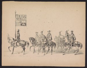 Utrechtin opiskelijoiden naamiaiset, 1846 (levy 15) Kuvaus pukeutuneesta kulkueesta, joka kuvaa Espanjan prinssin Philip II:n kulkuetta Utrechtissa 3. lokakuuta 1549, piti 17. kesäkuuta 1846, H.H. Utrechtschen opiskelijat tekijältä Carel Christiaan Antony Last