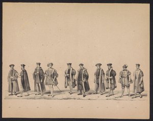 Utrechtin opiskelijoiden naamiaiset, 1846 (levy 19) Kuvaus pukeutuneesta kulkueesta, joka kuvaa Espanjan prinssin Philip II:n kulkuetta Utrechtissa 3. lokakuuta 1549, piti 17. kesäkuuta 1846, H.H. Utrechtschen opiskelijat tekijältä Carel Christiaan Antony Last