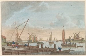 Zaan Wormerveerissä, noin 1790 Wormerveer van de Poelsluis / Wormerveer aupres du Saan (otsikko esineessä) tekijältä Carel Frederik Bendorp (I)
