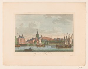 Näkymä Itä-Zandamin kirkolle Itä-Zandamin kirkko / Arrivement de la Barge à Sardam (otsikko esineessä) tekijältä Carel Frederik Bendorp (I)