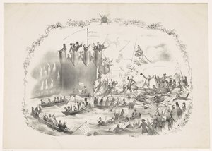 Sarjakuva Thorbecken suunnitelmista lakkauttaa Utrechtin ammattikorkeakoulu, 1863 Taistelu kahden voimakkaan elementin välillä (otsikko esineessä) tekijältä Carel Hendrik Thiebout