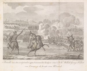 Prinssi Frederik haavoittuu Wervikissä vuonna 1793 Bataille 13. syyskuuta 1793, lisäksi H.D.H. Willem George Fredrik of Orange, Werwickin rinnalla (otsikko esineessä) tekijältä Carel Jacob de Huyser