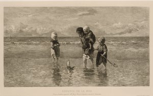 Neljä lasta leikkii leluveneellä rannalla matalassa merivedessä Meren lapset Enfants de la mer (nimi esineessä) tekijältä Carel Lodewijk Dake